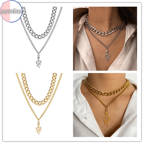 Vòng cổ hai lớp dạng dây xích mặt hình rắn phong cách Punk thời trang