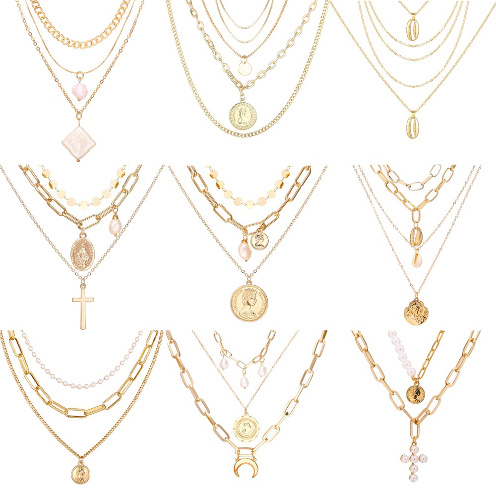 Dây Chuyền Hợp Kim Nhiều Lớp Mặt Hình Đồng Xu Phong Cách Vintage