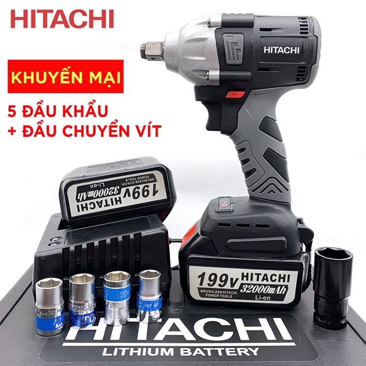 Máy siết bulong Hitachi 199V, Khoan Pin, Bắn Vít, Xiết ốc KHÔNG CHỔI THAN, Máy bulong cầm tay