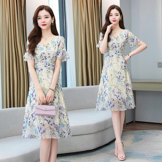 Chiffon floral dress female summer new style temperament V-neck mid-length waist and thin summer skirt
