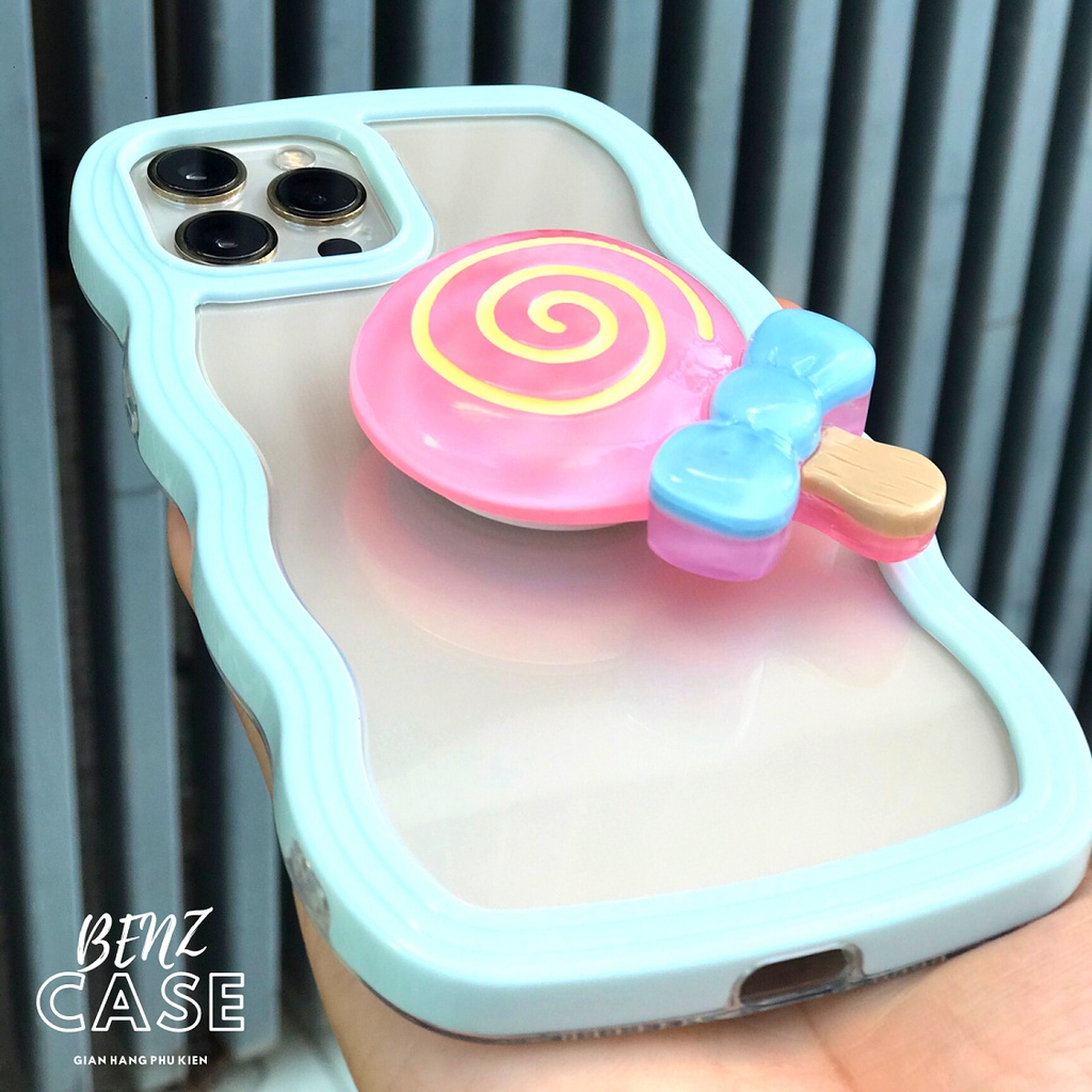 Ốp lưng iPhone 2 mảnh gợn sóng kèm chân đế hình kẹo que siêu cute, chất liệu nhựa dẻo ốp sát viền máy