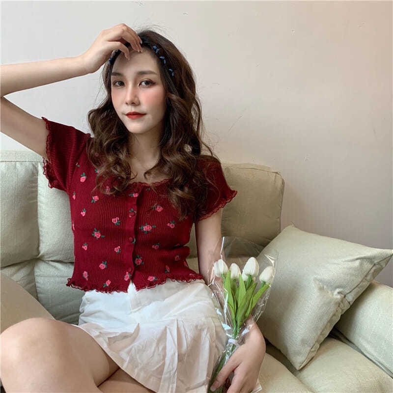 áo croptop mùa hè phiên bản 2021 ngắn tay hoa nhí đóng cúc hoàn hảo