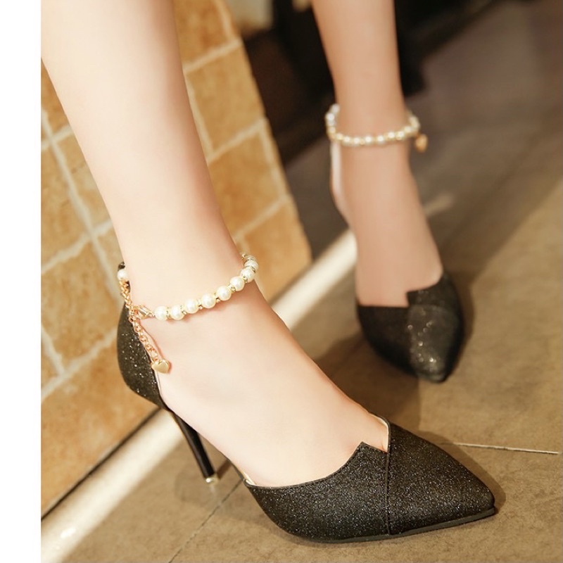 Giày cao gót nhọn 8p bít mũi kim tuyến vòng cổ hạt châu TT