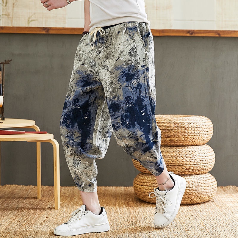Quần Dài Vải Lanh Cotton Dáng Rộng Cỡ Lớn Họa Tiết Thổ Cẩm Cá Tính Cho Nam