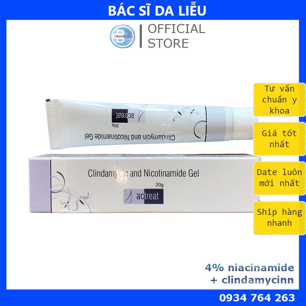 Actreat gel (20g) kem chấm mụn 5% niacinamide và clin.damyci, giảm mụn, hết sạch mụn