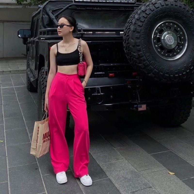 Set áo khoác blazer nữ dài tay kèm quần dài màu hồng