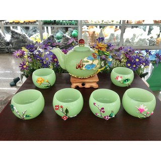 Bộ ấm trà chạm rồng đá xanh