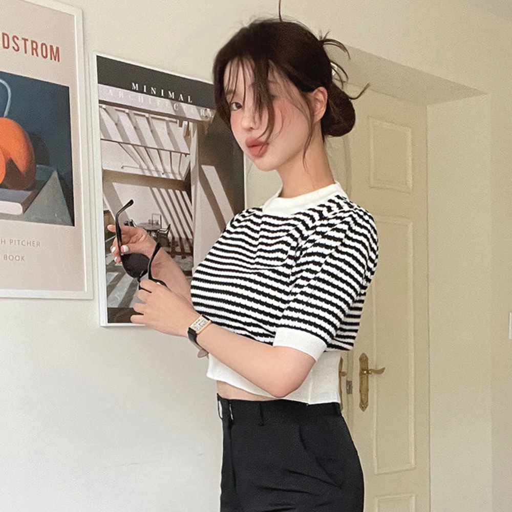 QADCOL Áo Sweater Dệt Kim Tay Ngắn Dáng Ôm Kẻ Sọc Phối Màu Dễ Thương Kiểu Hàn Quốc