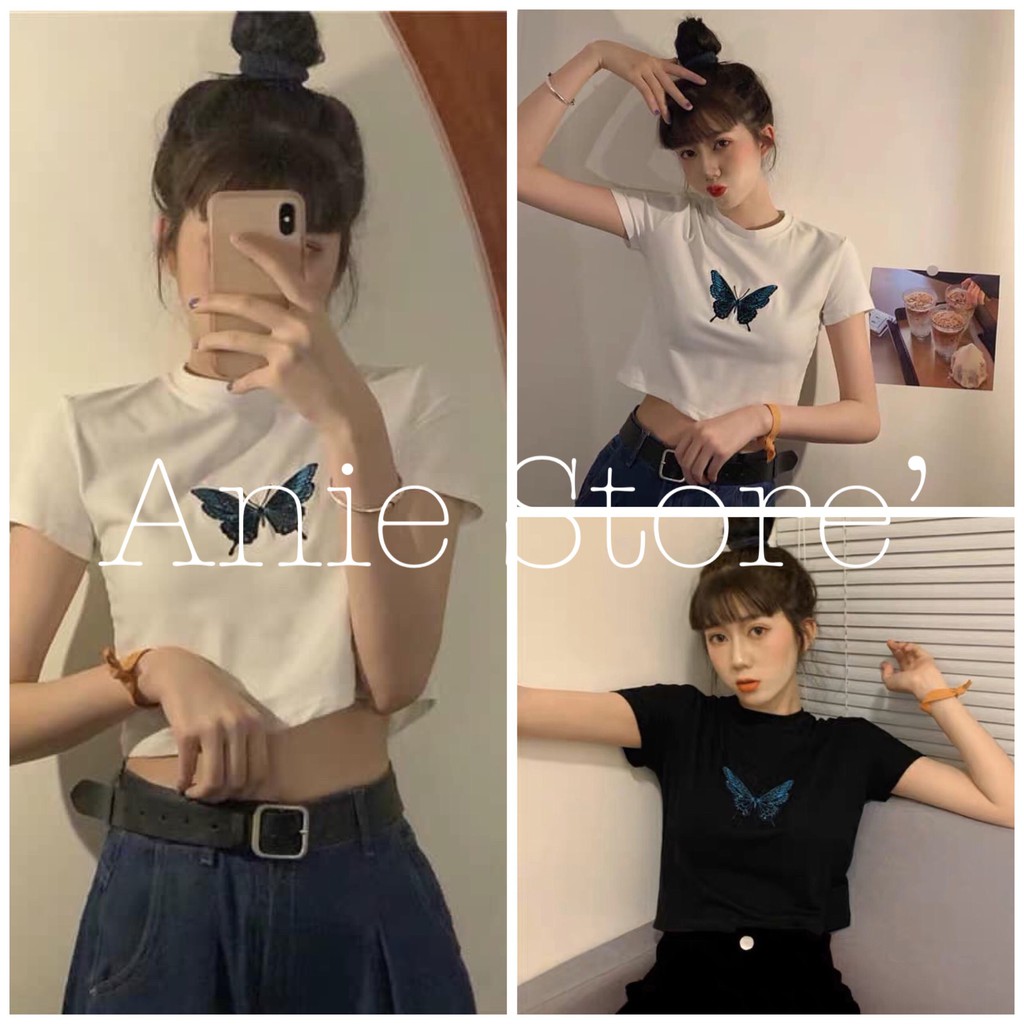 Áo Croptop Nữ Thêu Bướm ?FREESHIP🦋 Áo Ngắn Nữ Cộc Tay 2 Màu