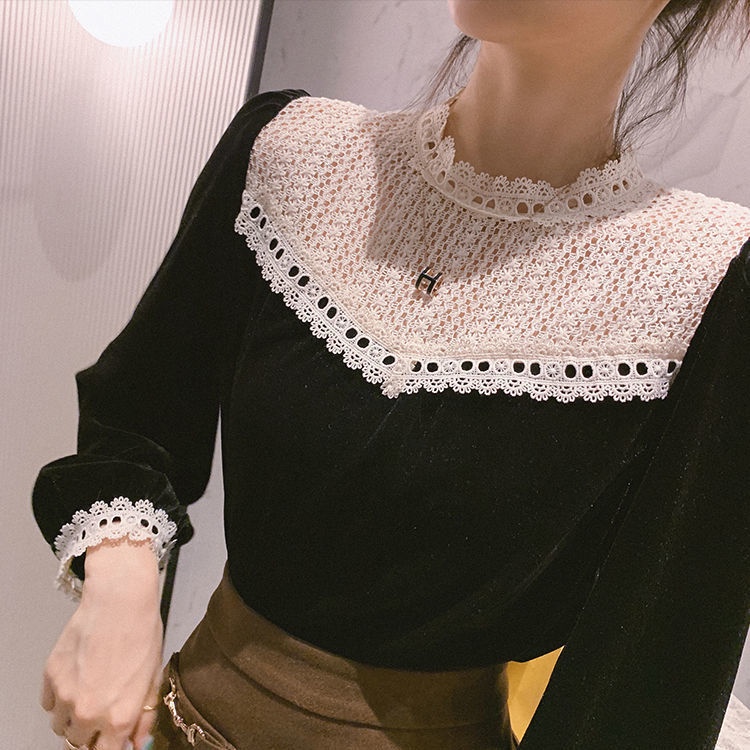 Áo Sweater Nhung Đen Tay Phồng Thời Trang Mùa Đông 2022 Mới Phong Cách Retro Cho Nữ