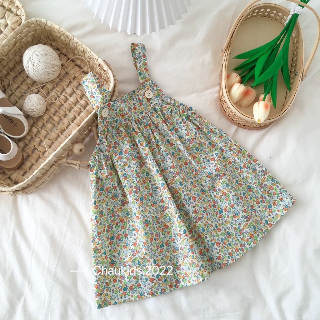 Váy hoa nhí bé gái, Sét yếm hoa nhí kèm áo thun trắng vintage cho bé