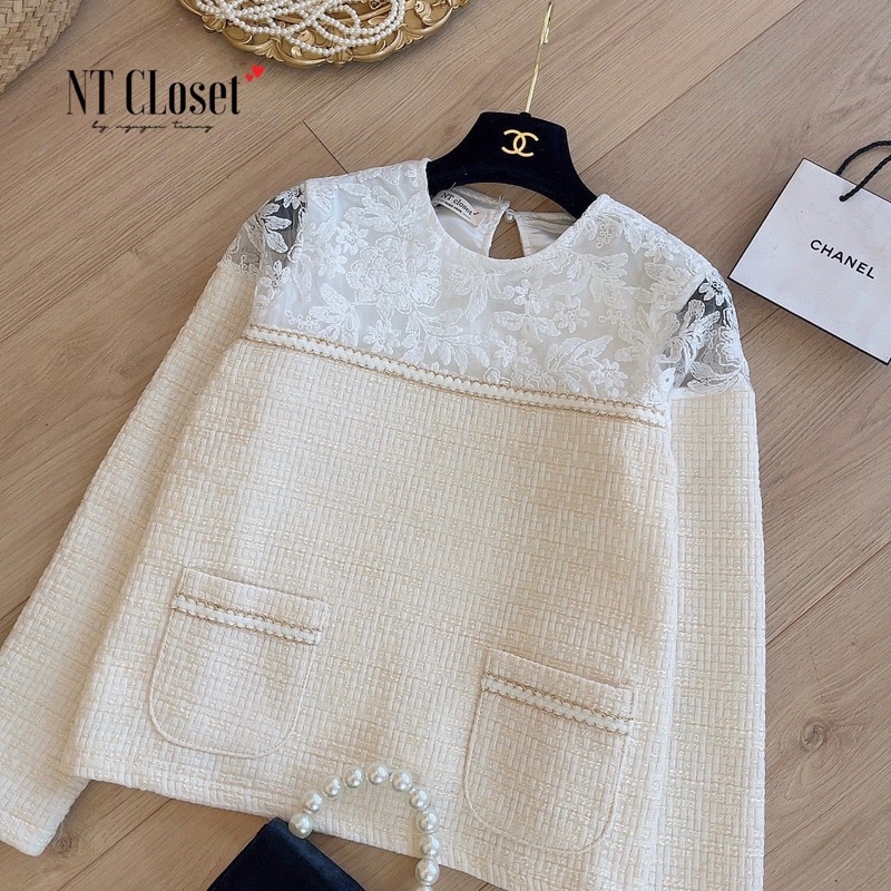 SALE Áo dạ tweed be pha vai ren chuẩn NT closet
