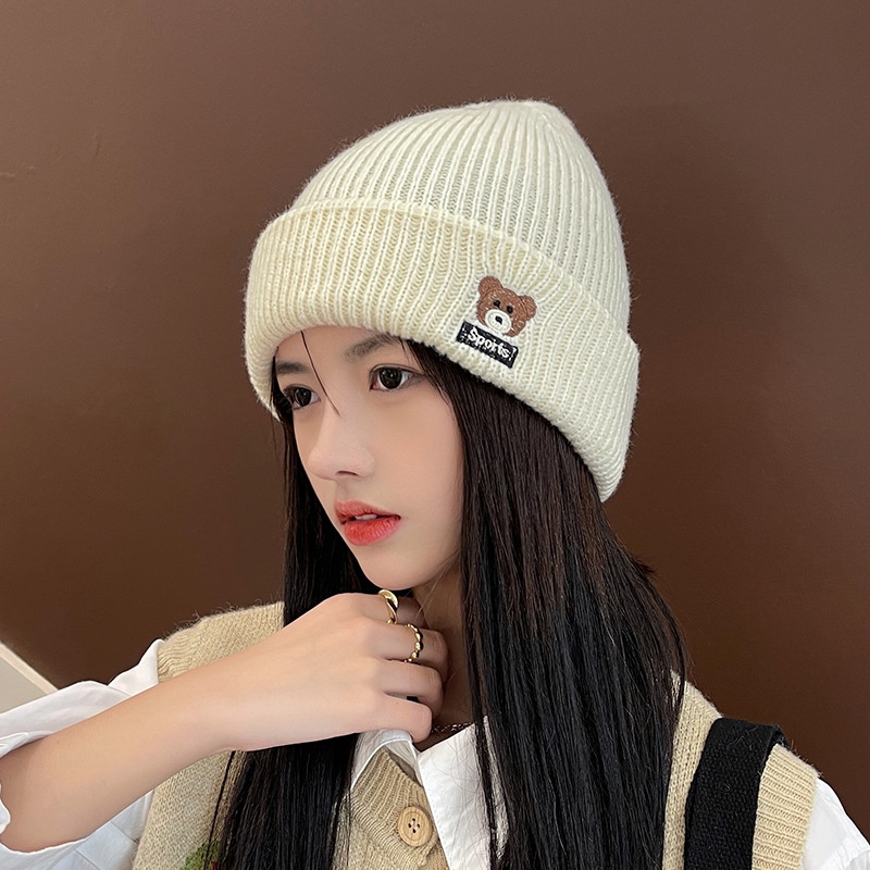 Mũ len dệt kim thêu họa tiết gấu hoạt hình thời trang cho nữ