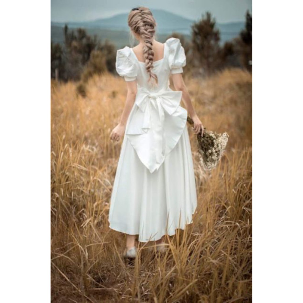Đầm váy nữ dự tiệc maxi trắng dáng dài tiểu thư tay phồng cổ vuông nơ sau chất Lụa Mango cực đẹp QD MT005