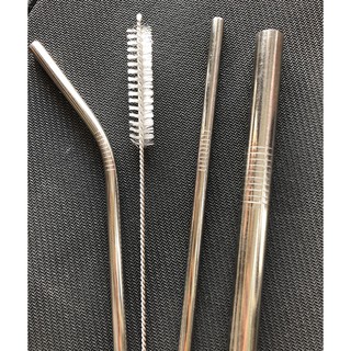 combo 3 cây: ống hút inox trắng (thẳng+cong+trà sữa+cọ rửa)