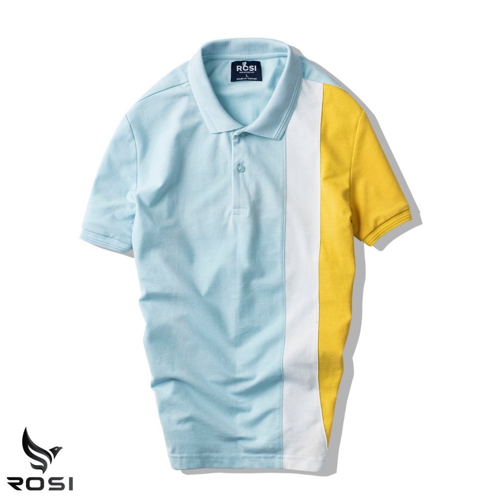 Áo thun nam cao cấp Rosi PL01 cổ polo tay bo ngắn,vải cotton cá sấu phối màu xanh vàng,dáng ôm (Slimfit) trẻ trung.