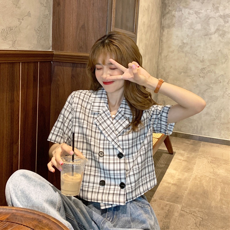 Áo Khoác Blazer Tay Ngắn Họa Tiết Sọc Caro Phong Cách Hàn Quốc