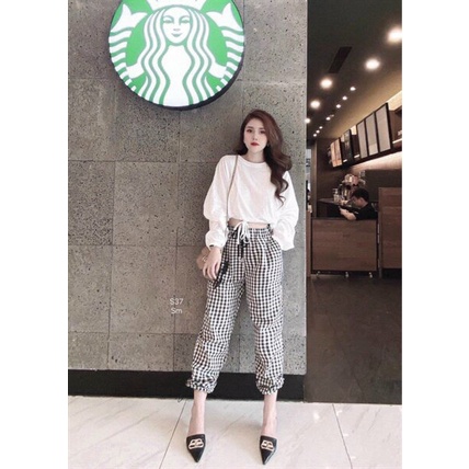 Set bộ áo trắng tay dài rút dây bụng  mix quần caro ống túm, set đồ nữ quần bom mặc nhà, dạo phố cá tính, năng động
