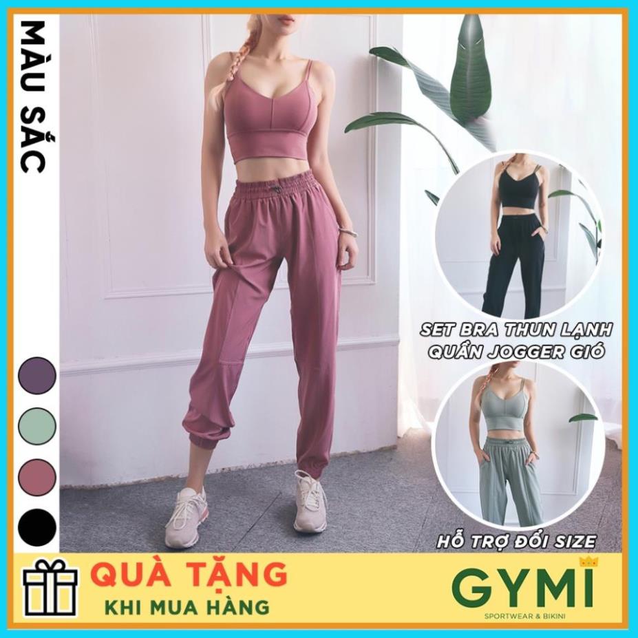 NEW Set bộ đồ tập gym yoga nữ GYMI SET14 gồm áo bra hai dây thun lạnh và quần jogger gió giấy thể thao .