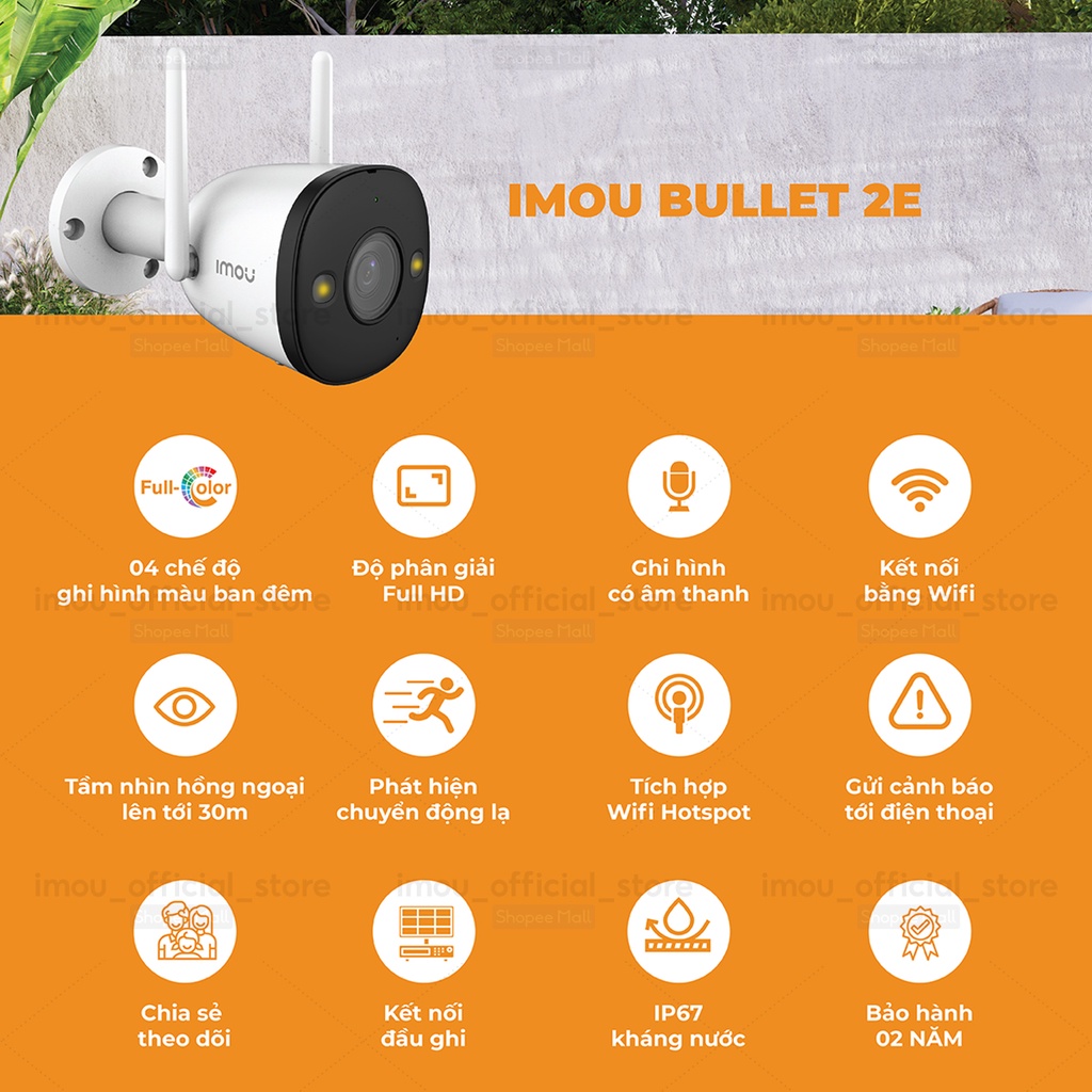 Camera Bullet 2E IP full HD Wifi Imou IPC-F22FP (Có màu ban đêm) - Ngoài Trời IP6 Giám Sát Hồng Ngoại - Bảo Hành 2 Năm