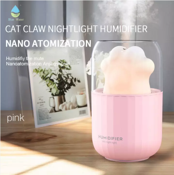 Máy Khuếch Tán Tinh Dầu Sóng Siêu Âm Có Đèn Led Hình Chân Mèo Dễ Thương 300ml