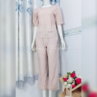 Set bộ mặc nhà áo tay phồng và quần ống loe in hoạ tiết hoa