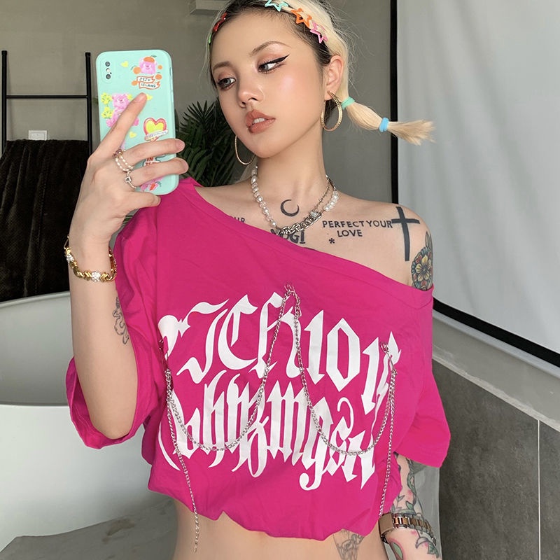 Áo thun COZOKC ngắn tay trễ vai dáng rộng phối dây xích thời trang gợi cảm