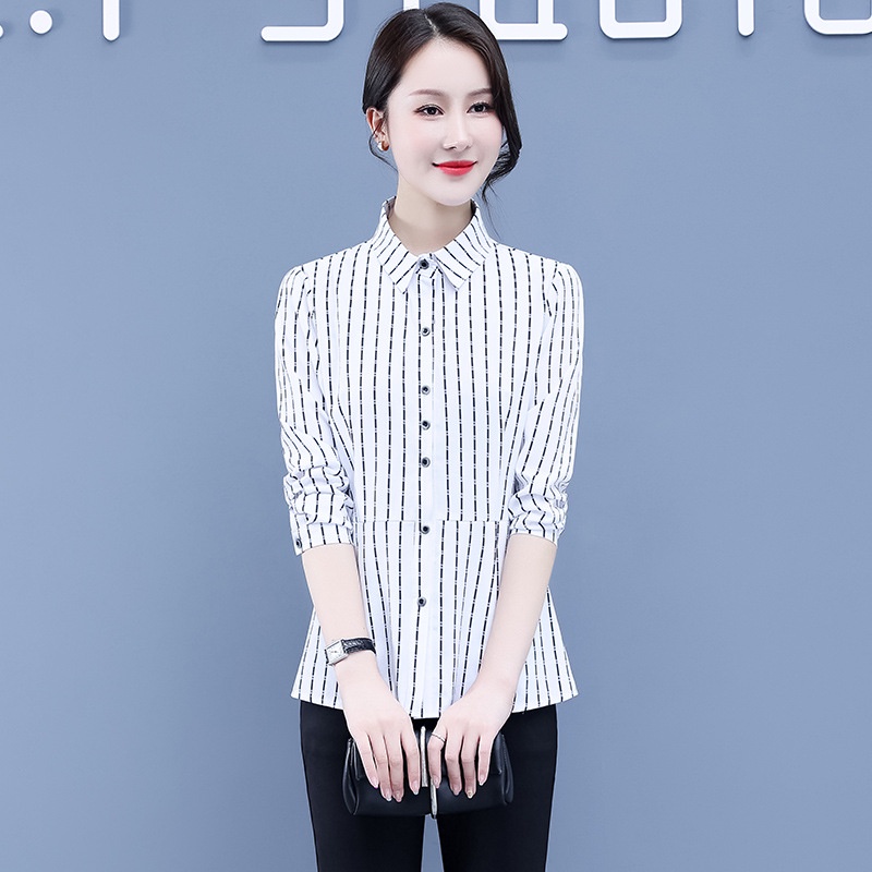 Áo Sơ Mi Tay Dài Dáng Ôm In Họa Tiết Kẻ Sọc Phong Cách Hàn Quốc Thời Trang Mùa Thu Mới Cho Nữ