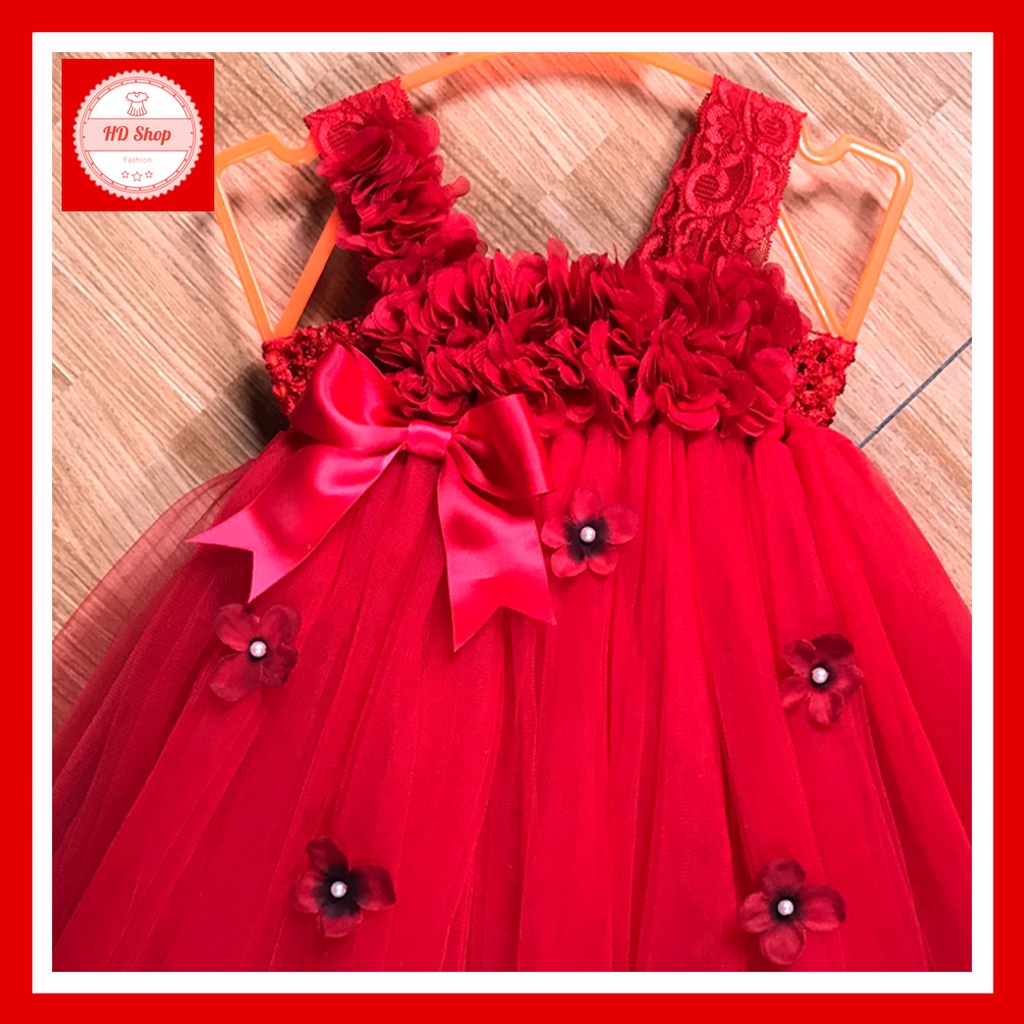 Đầm cho bé, váy trẻ em đỏ hoa dải đính hoa tú cầu cho bé gái 1 tháng đến 5 tuổi