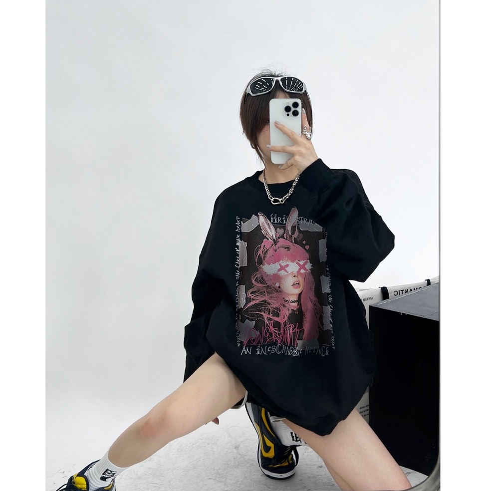 FOCUS Áo Nỉ harajuku vintage trắng bigsize unisex áo dài tay mẫu hot trend mùa Đông 100%cotton
