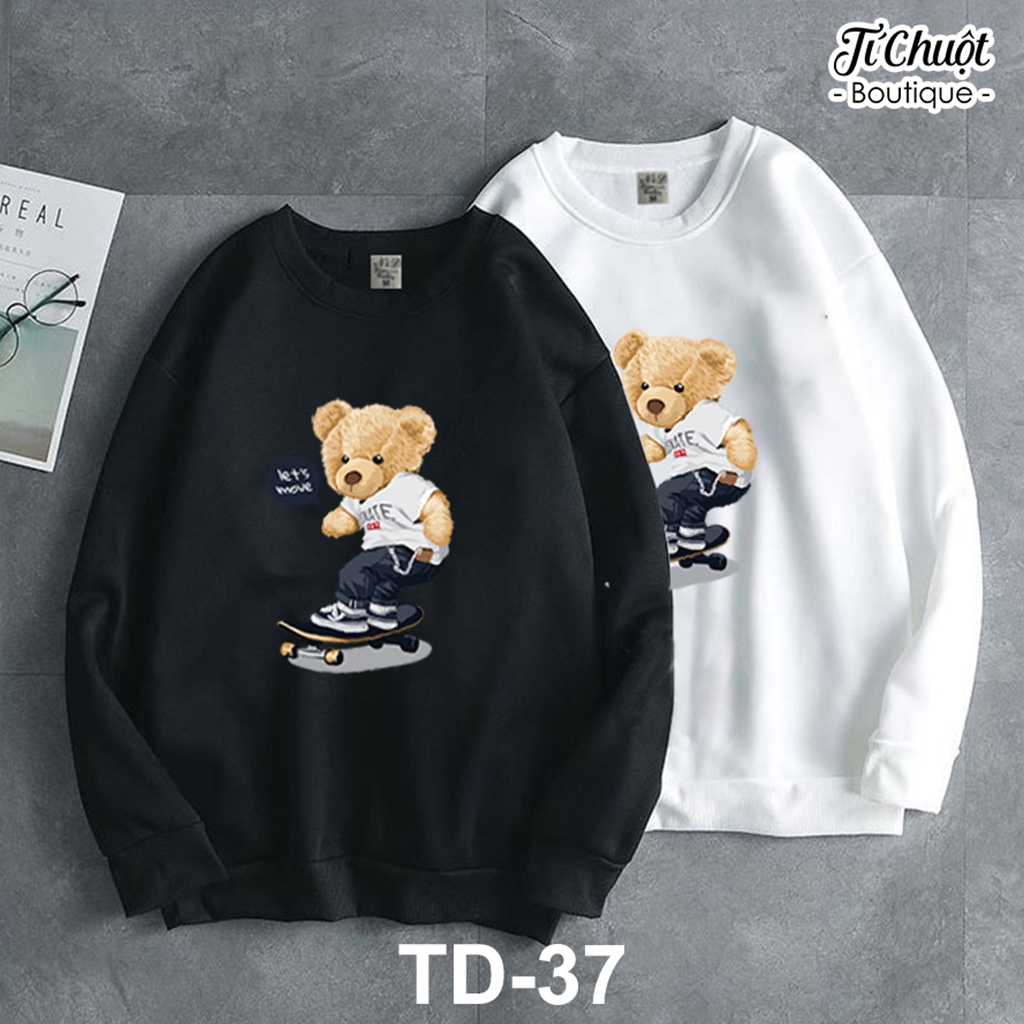 Áo sweater GẤU TRƯỢT VÁN form rộng nam nữ, áo tay dài nỉ bông in họa tiết unisex dày mềm mịn - Tí Chuột Studio