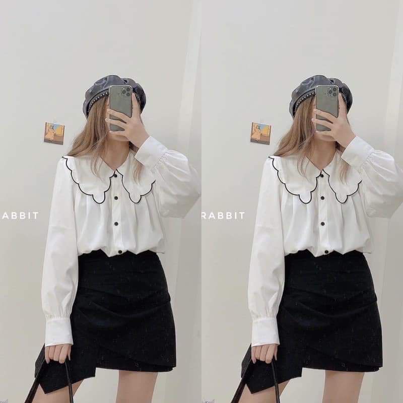 Áo Babydoll Nữ Trắng 🌺 Sơ Mi Trắng Bèo Cổ Viền Đen Ulzzang Hàn QuốcOne boutique