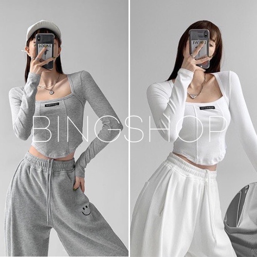 Áo croptop nữ cổ vuông dài tay thêu đắp form ôm vải co giãn Bingshop freeship