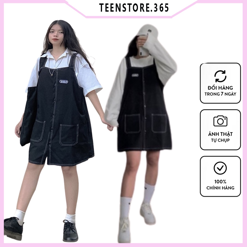 Yếm kaki logo chỉ nổi chất đẹp , yếm váy kaki dài form rộng M301 - teenstore.365