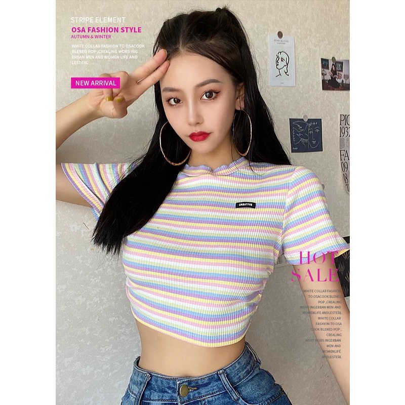 Áo thun nữ hở lưng tay ngắn họa tiết sọc ngang cá tính thời trang mùa hè