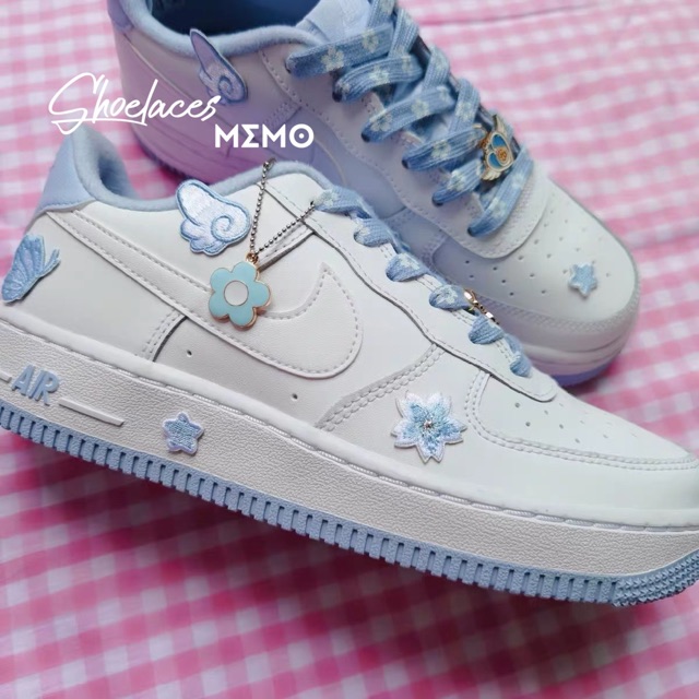 Combo Dây Giày Custom Nike AF1 AJ1Sakura Xanh Pastel-Hoa Anh Đào Mùa Xuân 2022