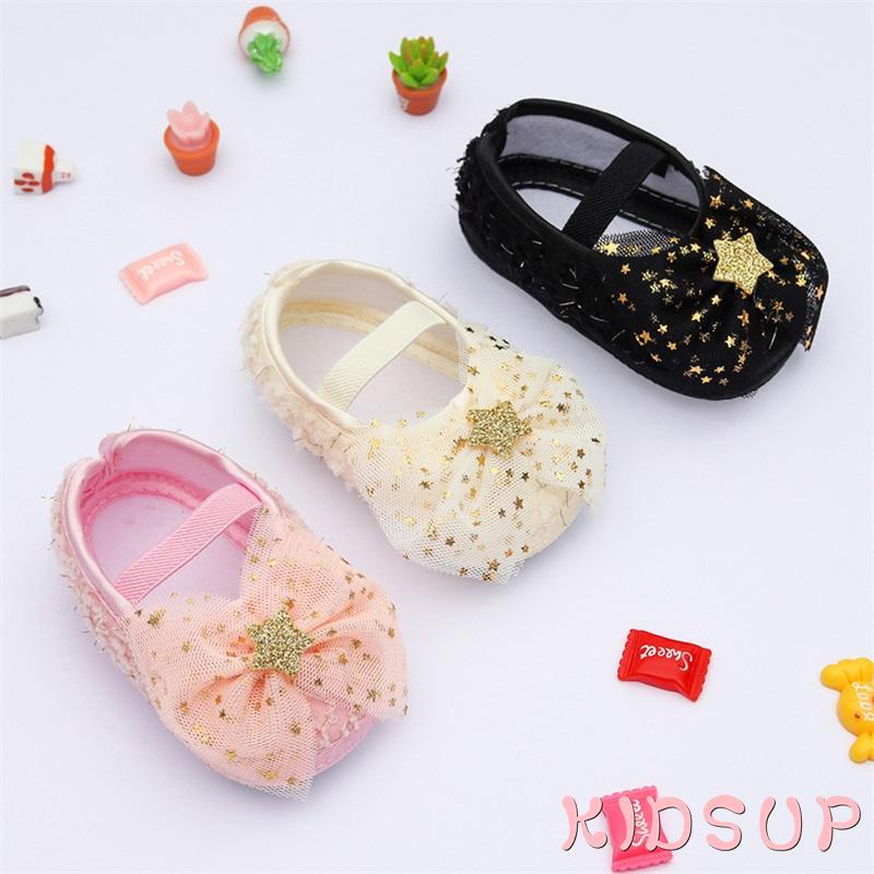 Giày Vải Cotton Phối Lưới Đính Nơ Đính Kim Sa Ngôi Sao Lấp Lánh Trang Trí Cho Bé 1 Tuổi
