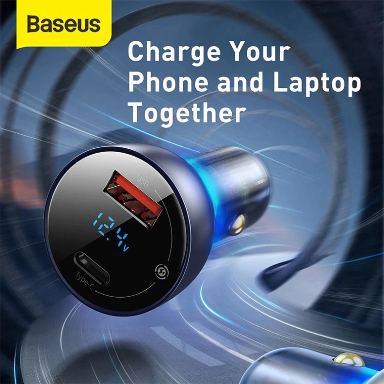 Tẩu sạc  trên xe ô tô Baseus Dual Quick Charger hỗ trợ sạc với công suất 65W cho điện thoại, laptop và máy tính bảng