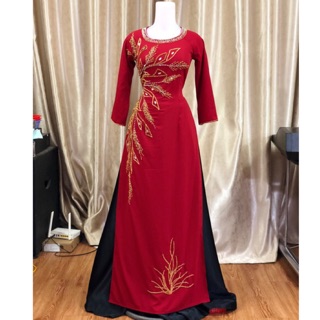 Áo dài đỏ đô💥FREESHIP💥 Áo dài đính kết pha lê hoàn toàn 2 tà