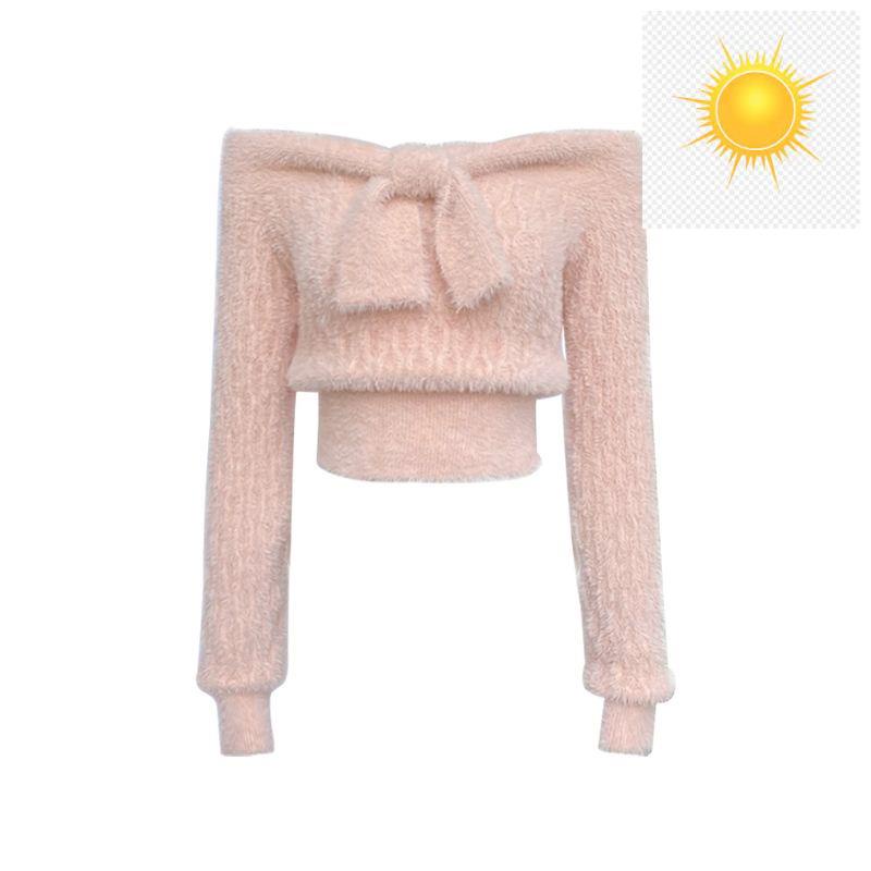 Áo sweater dáng ôm hở vai phối nơ ngọt ngào thời trang xuân thu cho nữ