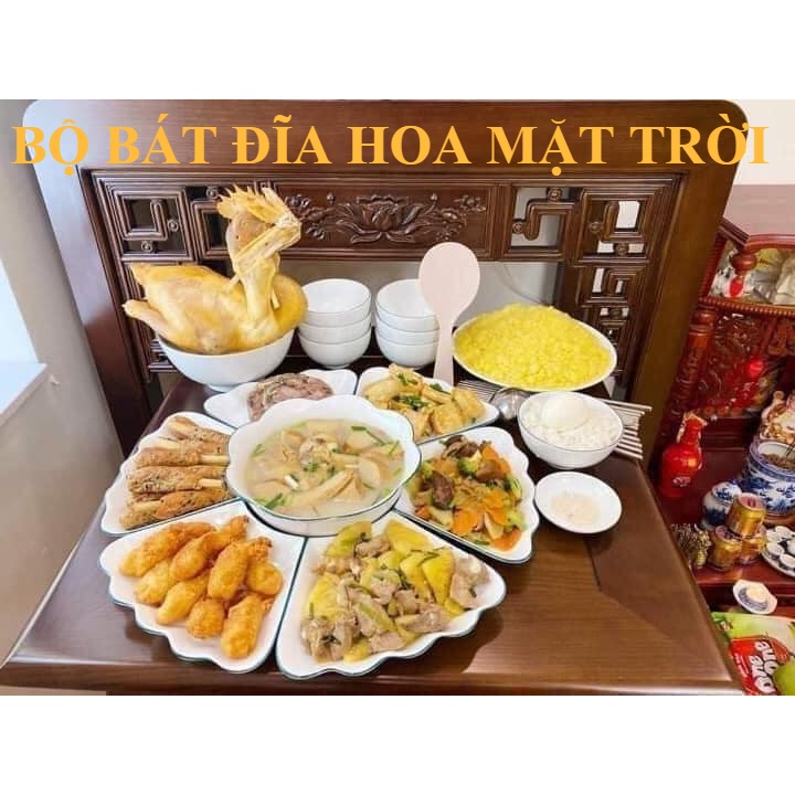 (SỨ TRẮNG TRONG)Bộ Bát Đĩa Minh châu(hoa mặt trời full set đĩa 1 tô + 6 đĩa to