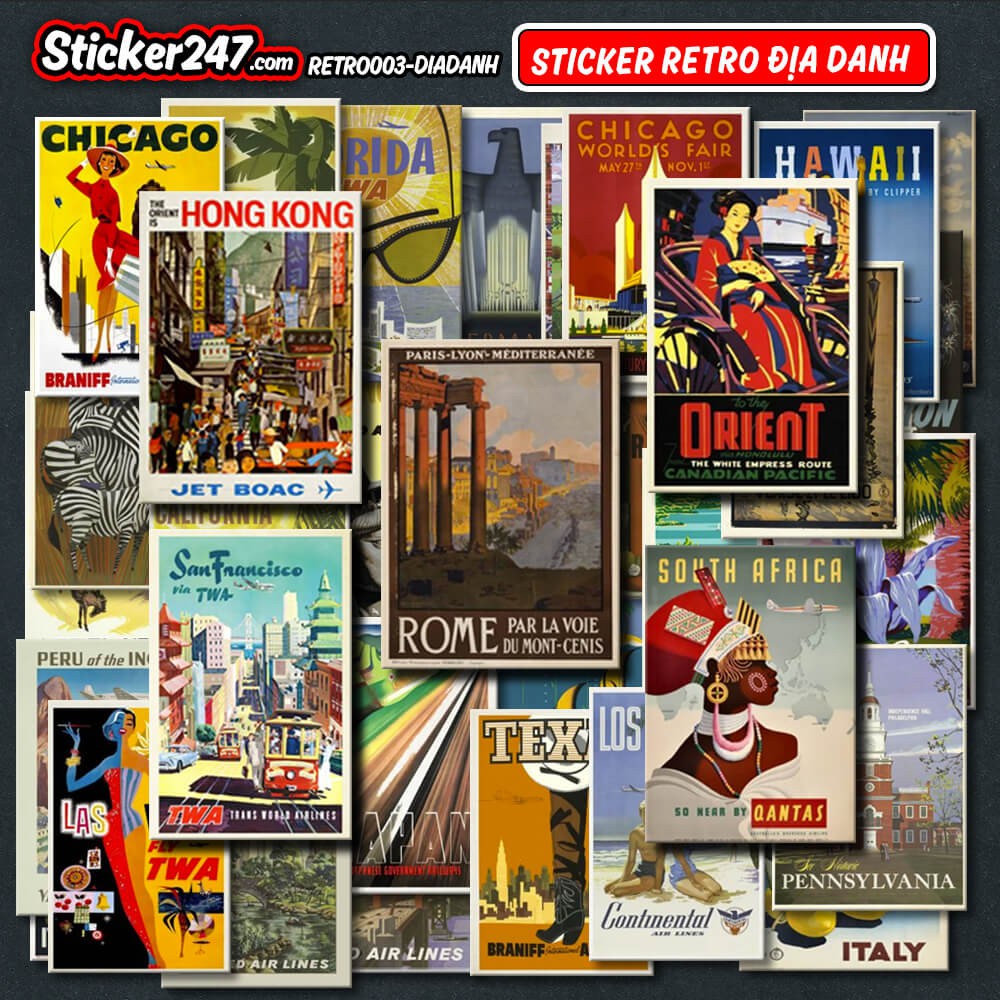 𝑭𝒓𝒆𝒆𝒔𝒉𝒊𝒑  Sticker vintage retro địa danh thế giới chống nước, sticker dán laptop, điện thoại, đàn guitar, mũ bảo hiểm