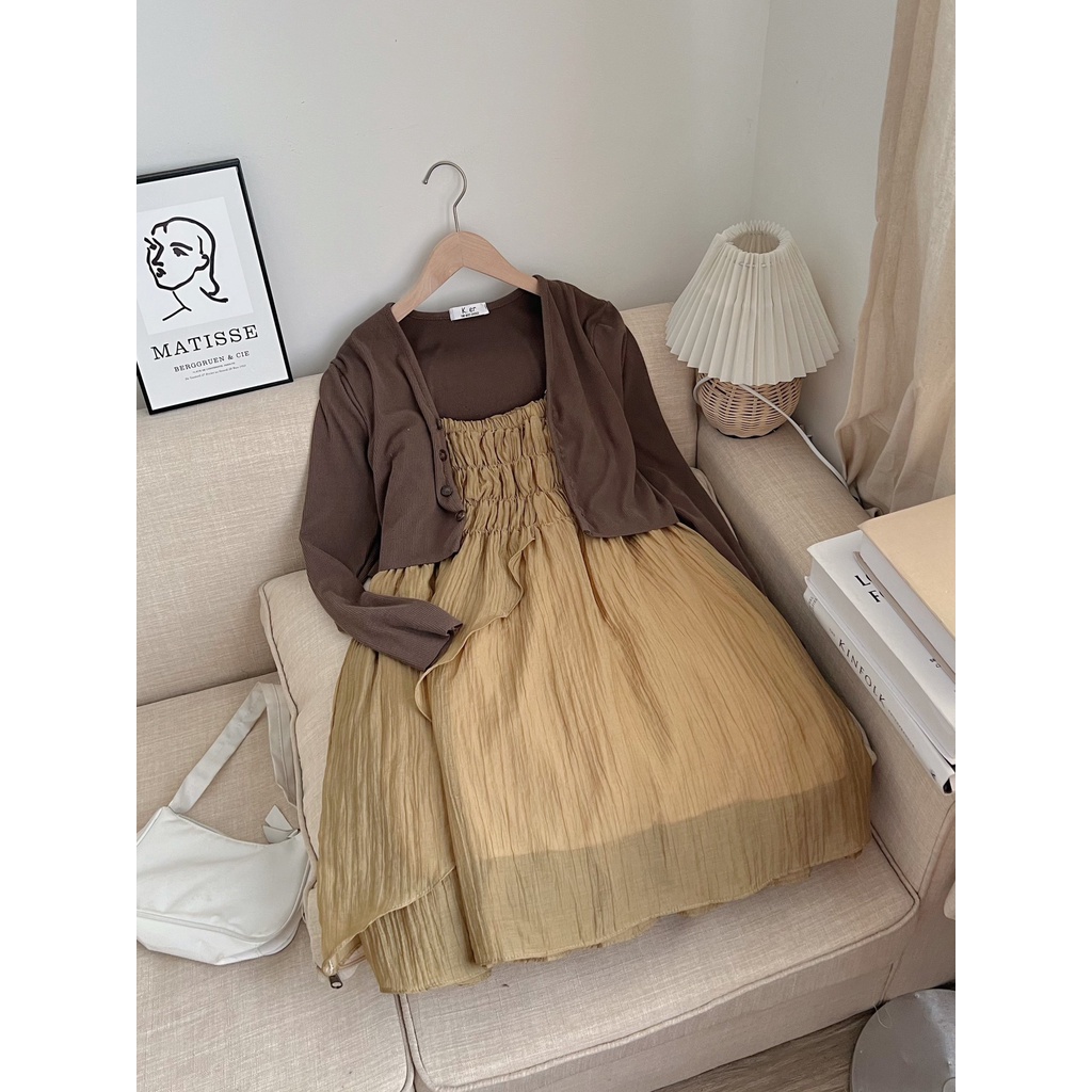 [Ảnh thật/Video] Set váy 2 dây nâu nhún ngực dáng xòe kèm áo khoác cadigan len tăm