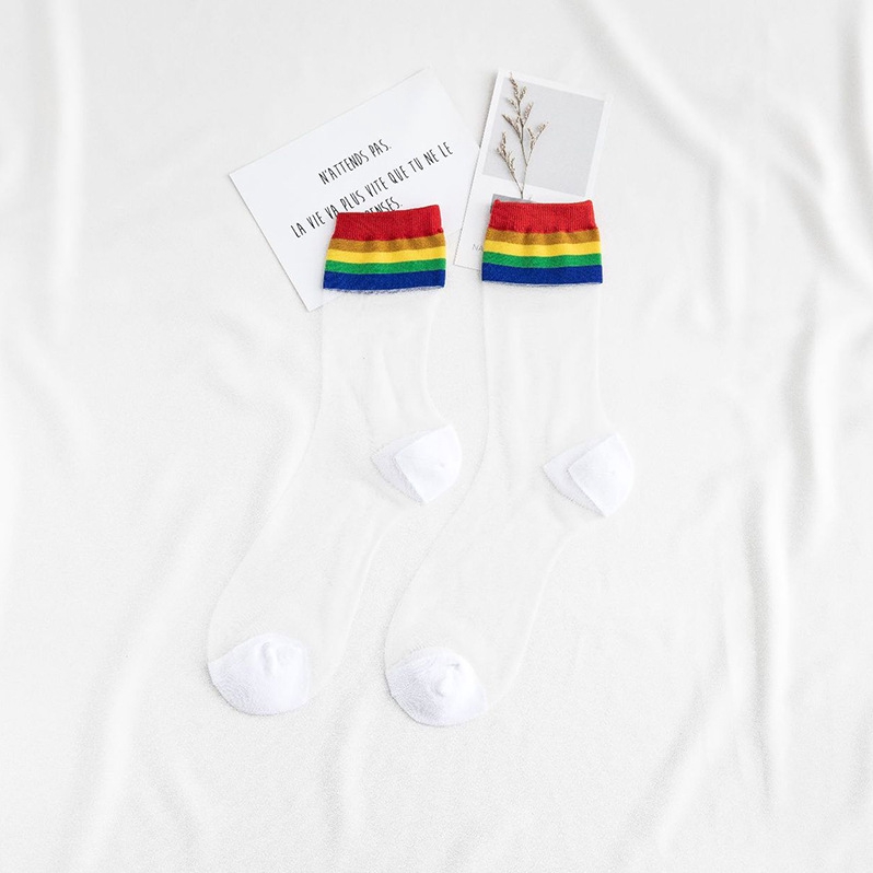 Summer Rainbow Striped Transparent Women Socks Japanese New Style Ultrathin Glass Silk Novelty Female Mid-calf Length Tube Socks