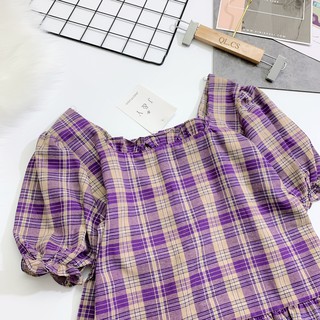 ÁO SƠ MI KẺ TÍM CỔ VUÔNG BÈO