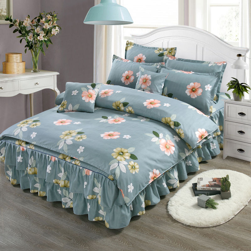 Thickened Bed Skirt Four-Piece Set Korean Style Quilt Cover Princess Style Bedspread Brushed Quilt Cover Non-Cotton Cotton Bedding
