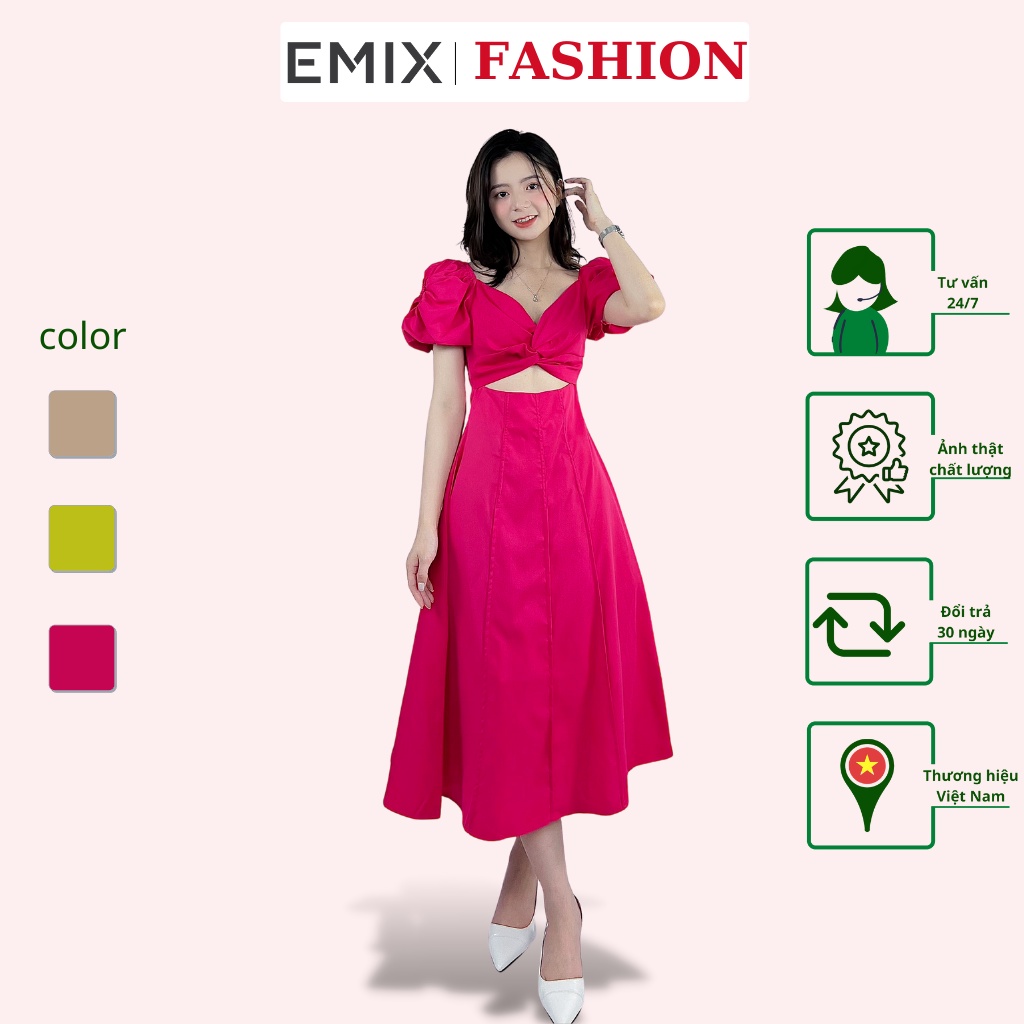 Váy xoắn ngực đi chơi EMIX (3 màu), đầm li dọc tay bồng, maxi, dáng dài, chữ A, cổ V, hở eo, chất thô boil1402