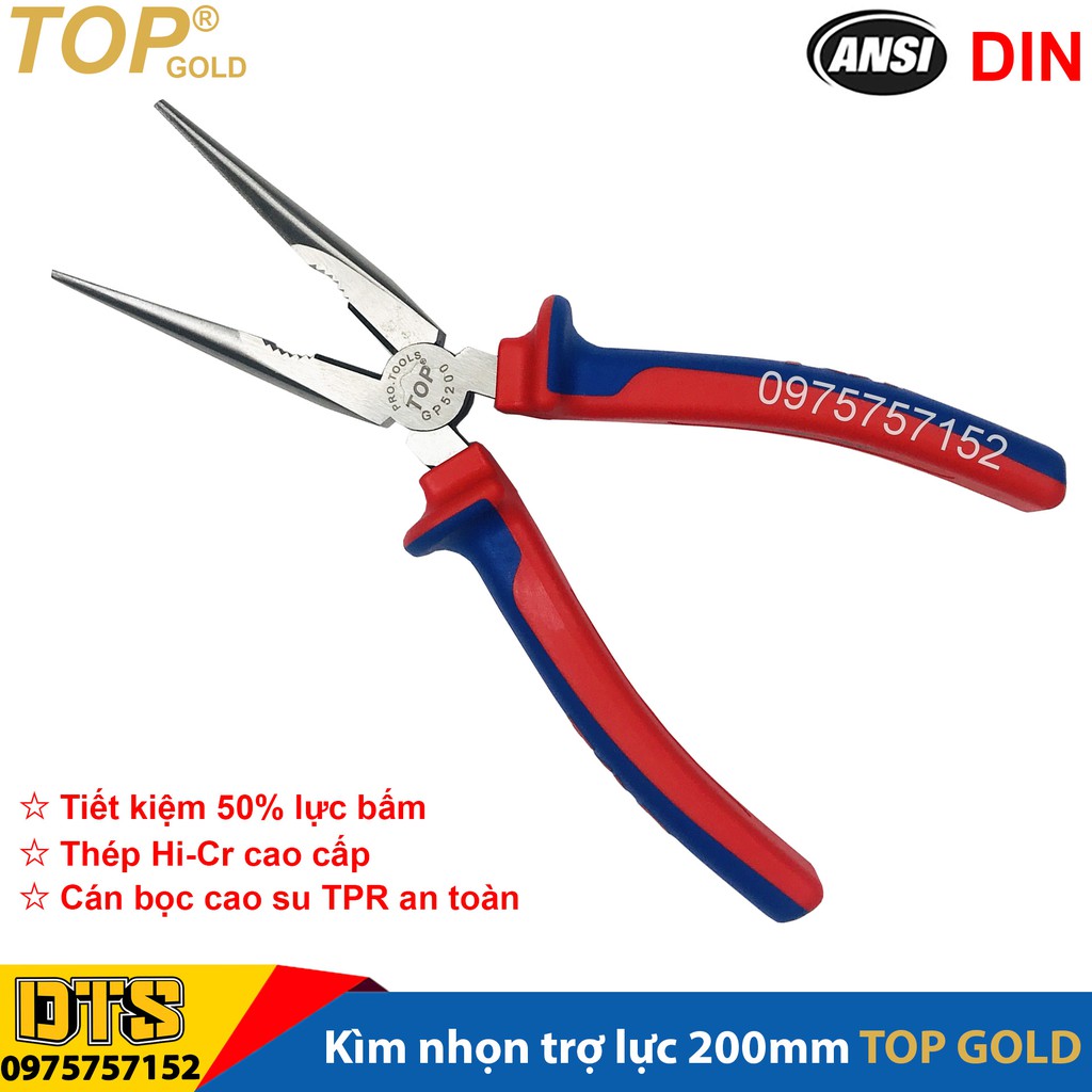 Kìm nhọn trợ lực chuyên nghiệp TOP GOLD 200mm, thép Hi-Cr cao cấp, thiết kế cộng lực tiết kiệm 50% lực bấm