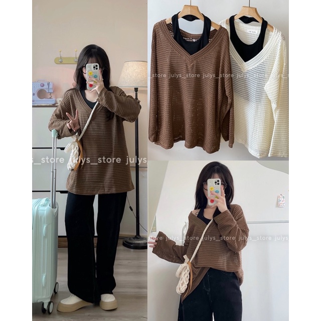 Set áo len lưới tay dài dáng rộng ulzzang (ảnh thật kèm video)
