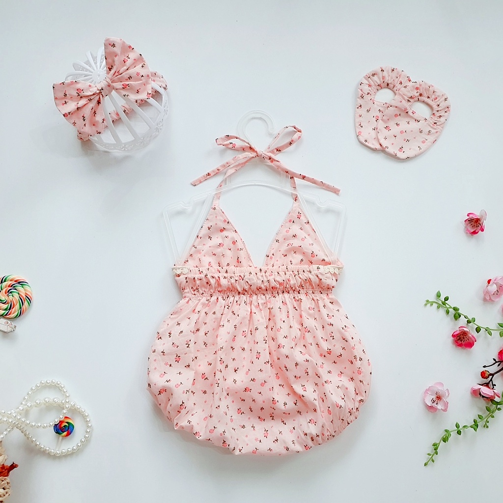 Bodysuit Yếm Nơ Hồng Cho Bé Gái Kèm Phụ Kiện, Vải Thô Lụa Đẹp, Siêu Thấm Mồ Hôi, Body Cho Bé Gái Sơ Sinh Từ 3 - 13Kg